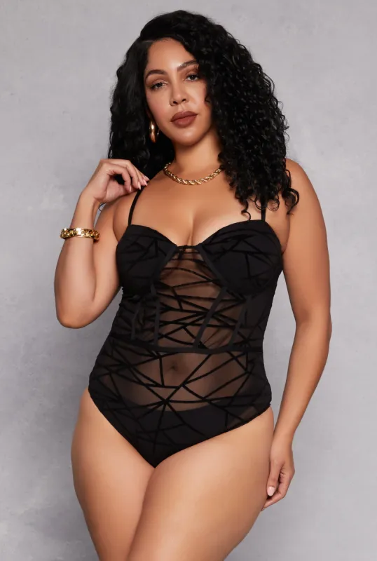Plus Size Velvet Burnout Patterned Bustier Bodysuit sold by Rainbow