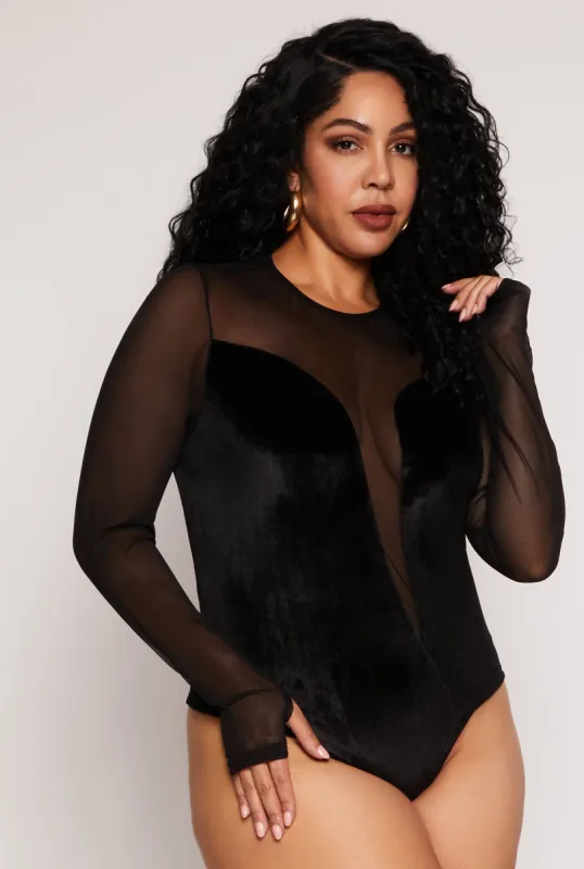 Plus Size Velvet Plunge Mesh Bodysuit sold by Rainbow