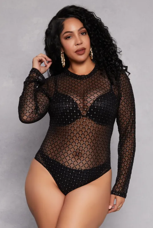 Plus Size Patterned Velvet Burnout Mesh Bodysuit sold by Rainbow
