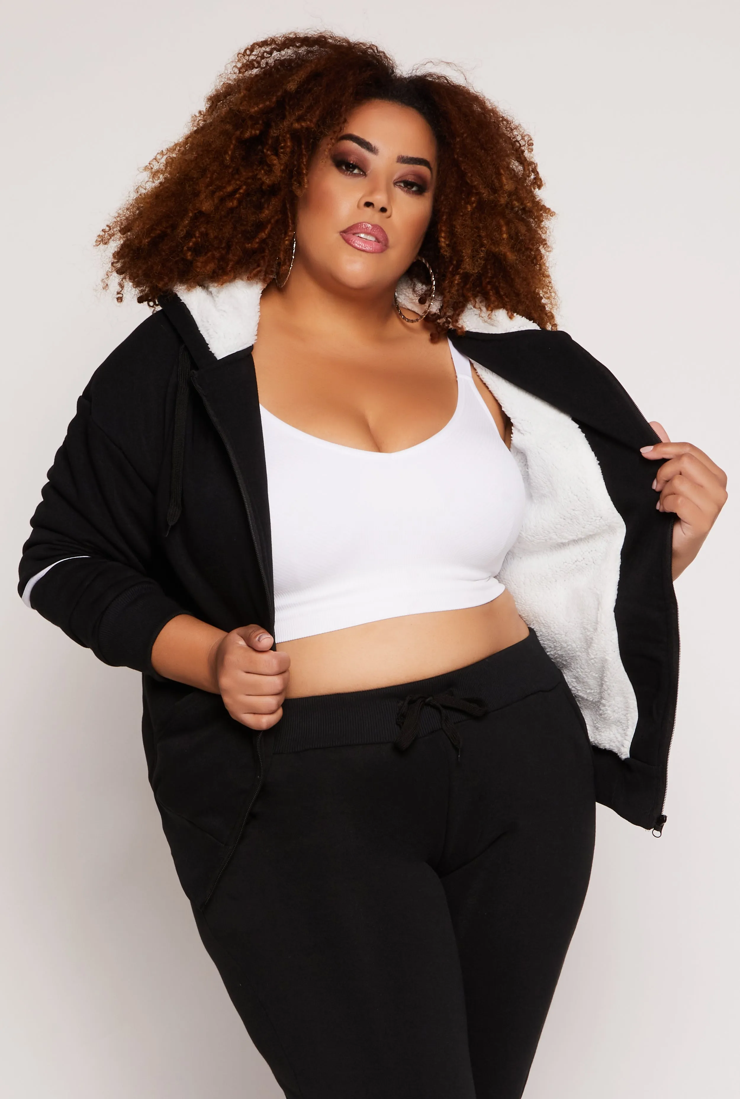 Plus Size Varsity Stripe Sleeve Zip Front Hoodie sold by Rainbow