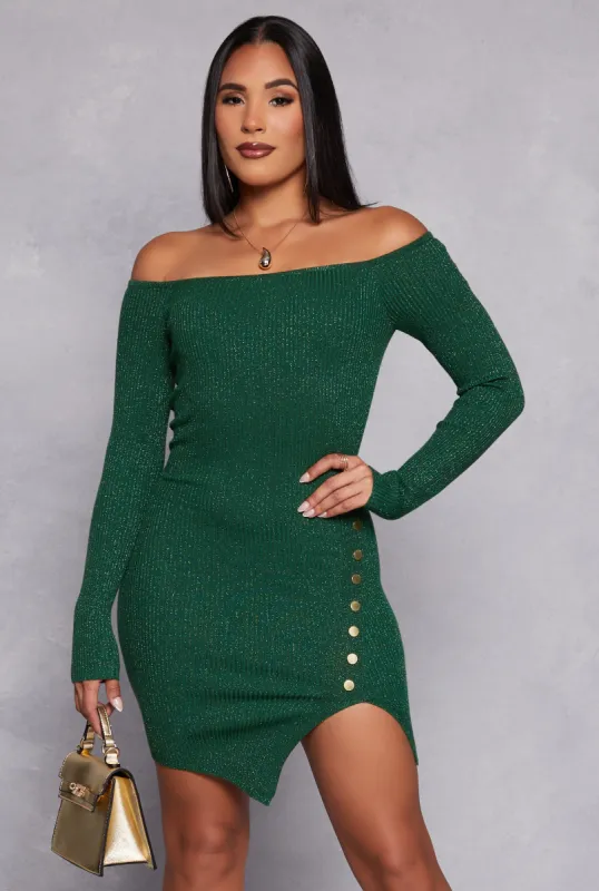 Faux Button Detail Off the Shoulder Dress sold by Rainbow