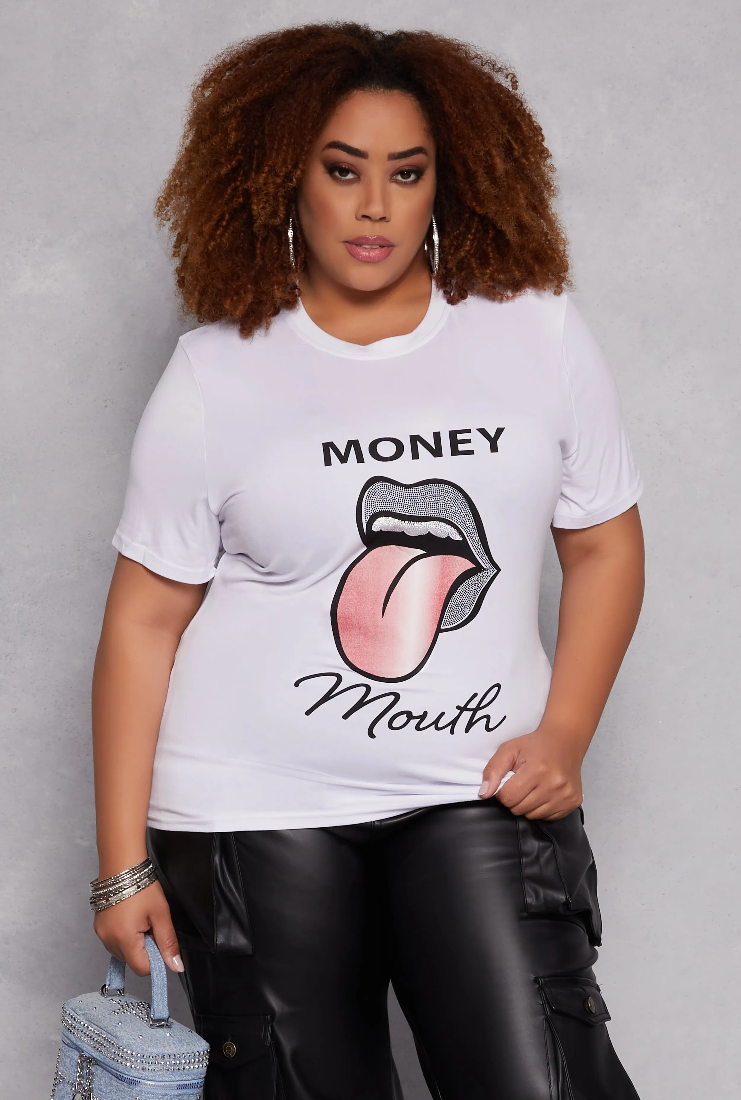 Plus Size Rhinestone Money Mouth Graphic Tee sold by Rainbow