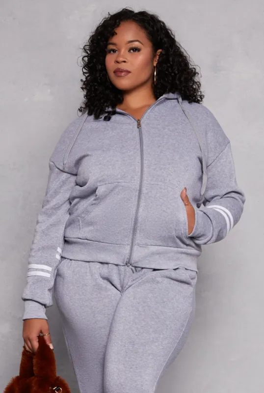 Plus Size Varsity Stripe Sleeve Zip Front Hoodie sold by Rainbow
