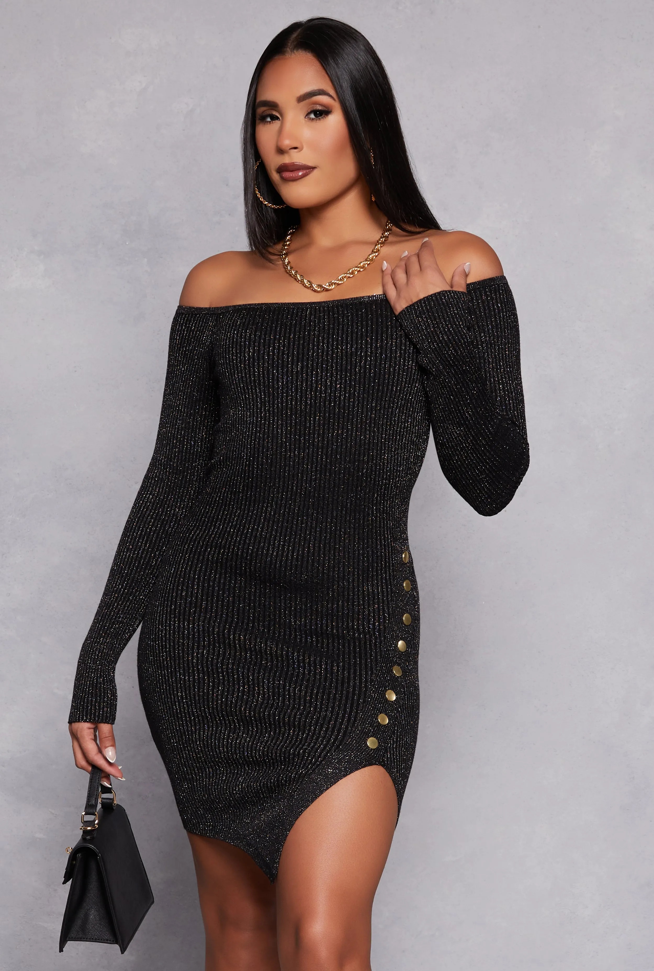 Faux Button Detail Off the Shoulder Dress sold by Rainbow