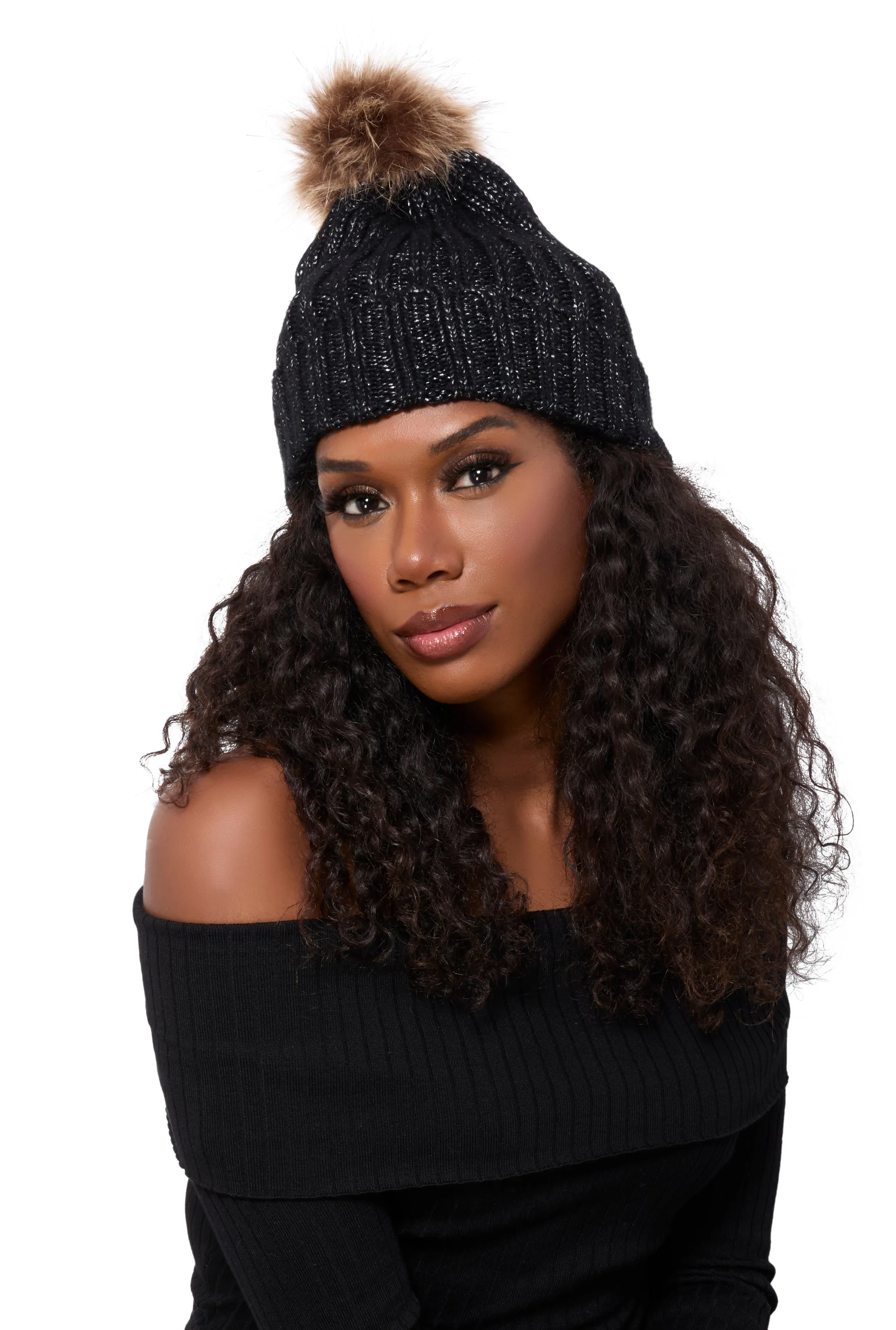 Faux Fur Pom Pom Cable Knit Beanie sold by Rainbow