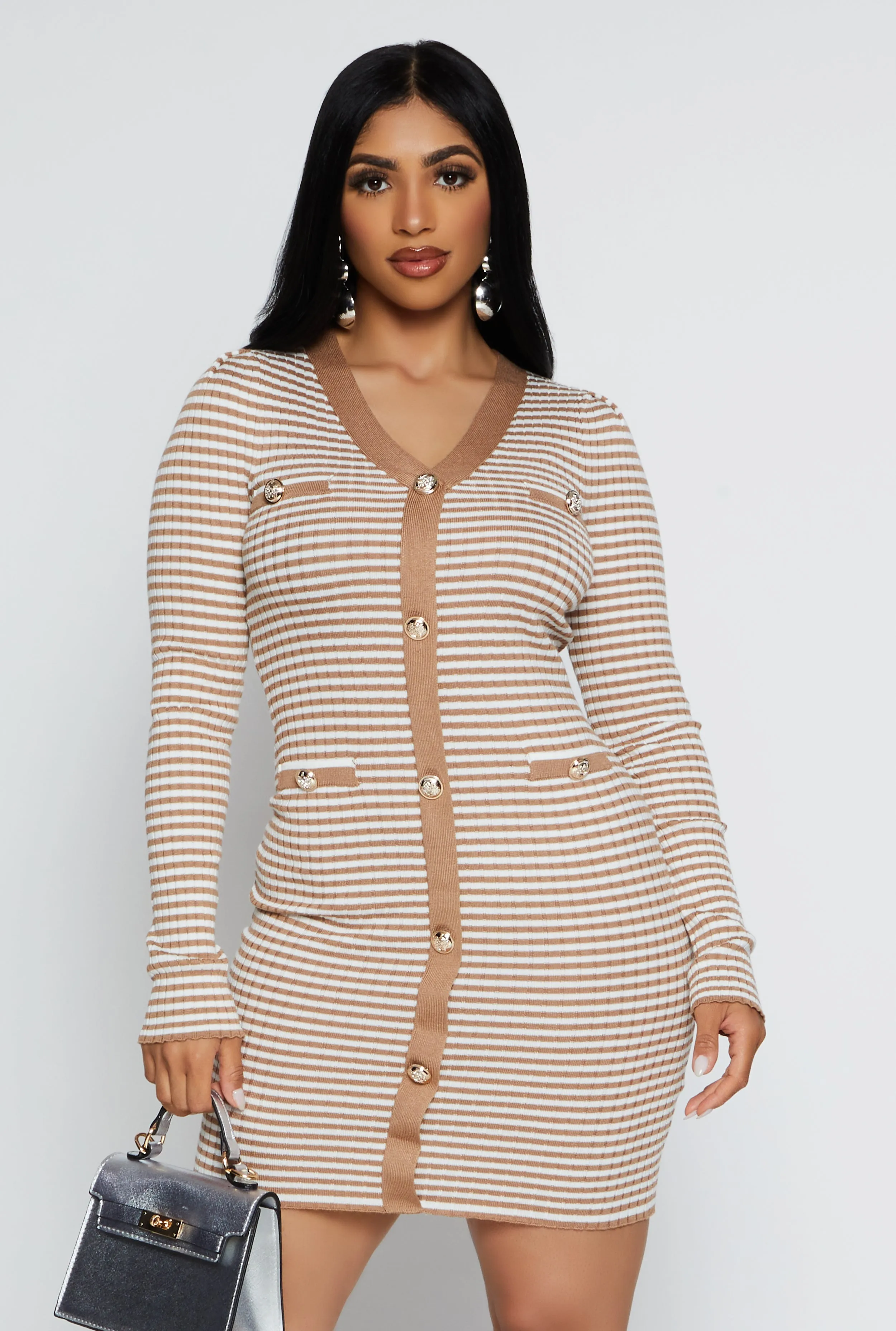Striped Ribbed Knit Button Detail Dress sold by Rainbow