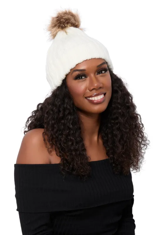 Faux Fur Pom Pom Cable Knit Beanie sold by Rainbow