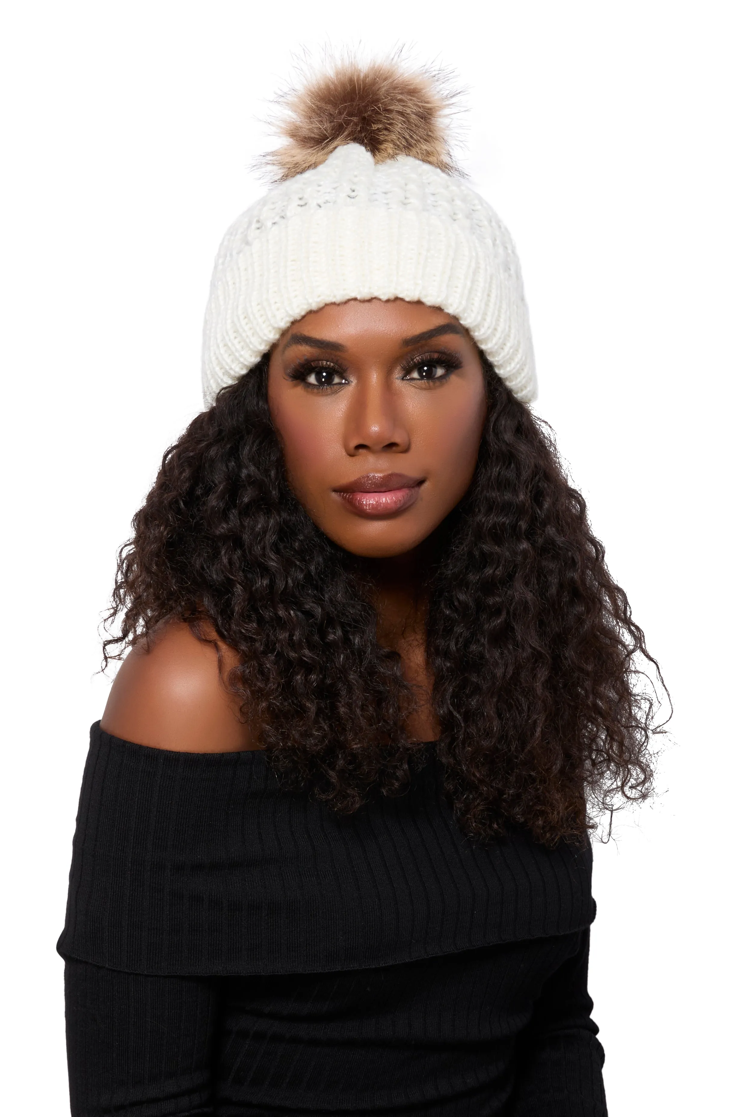 Faux Fur Pom Pom Knit Beanie sold by Rainbow
