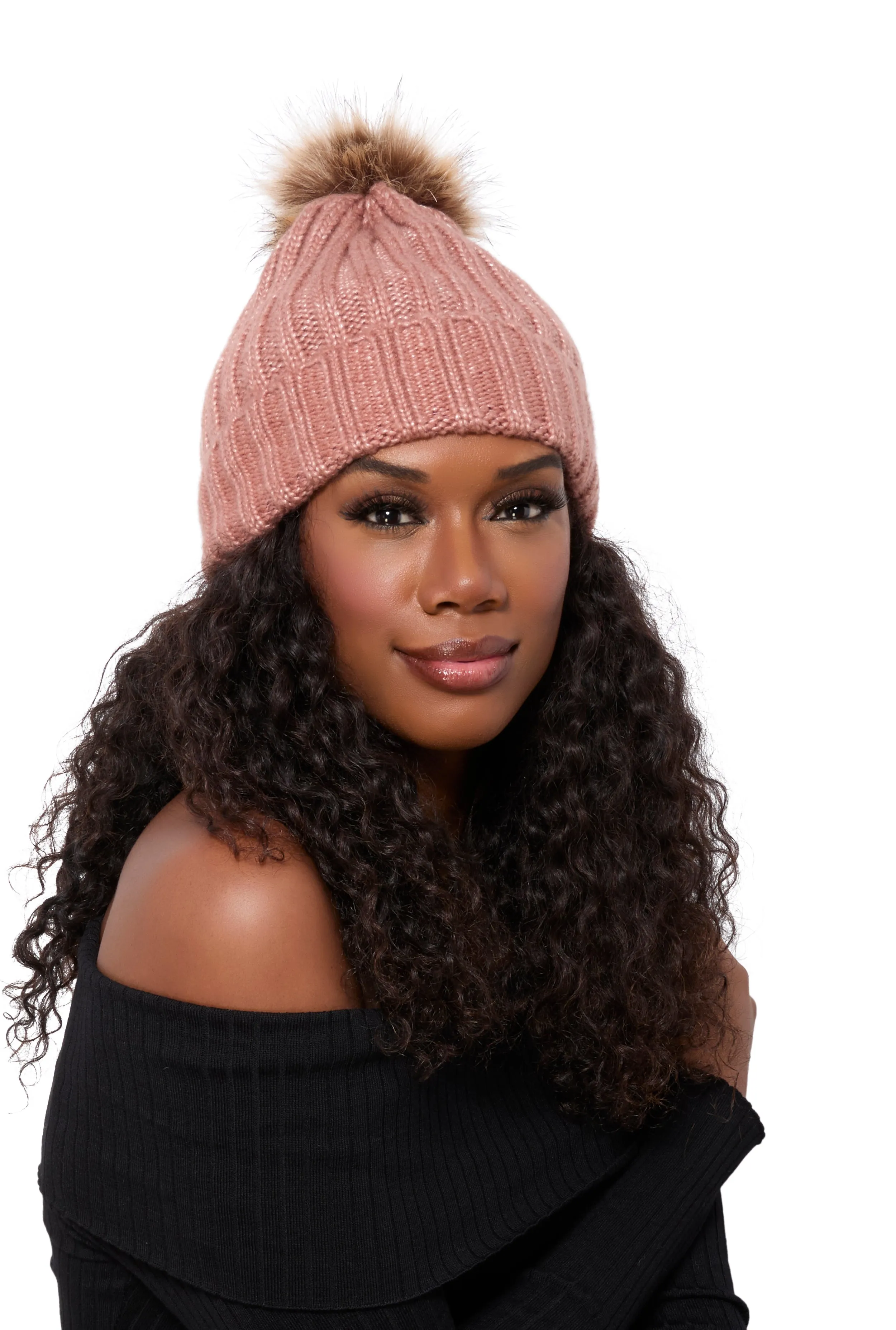 Faux Fur Pom Pom Cable Knit Beanie sold by Rainbow