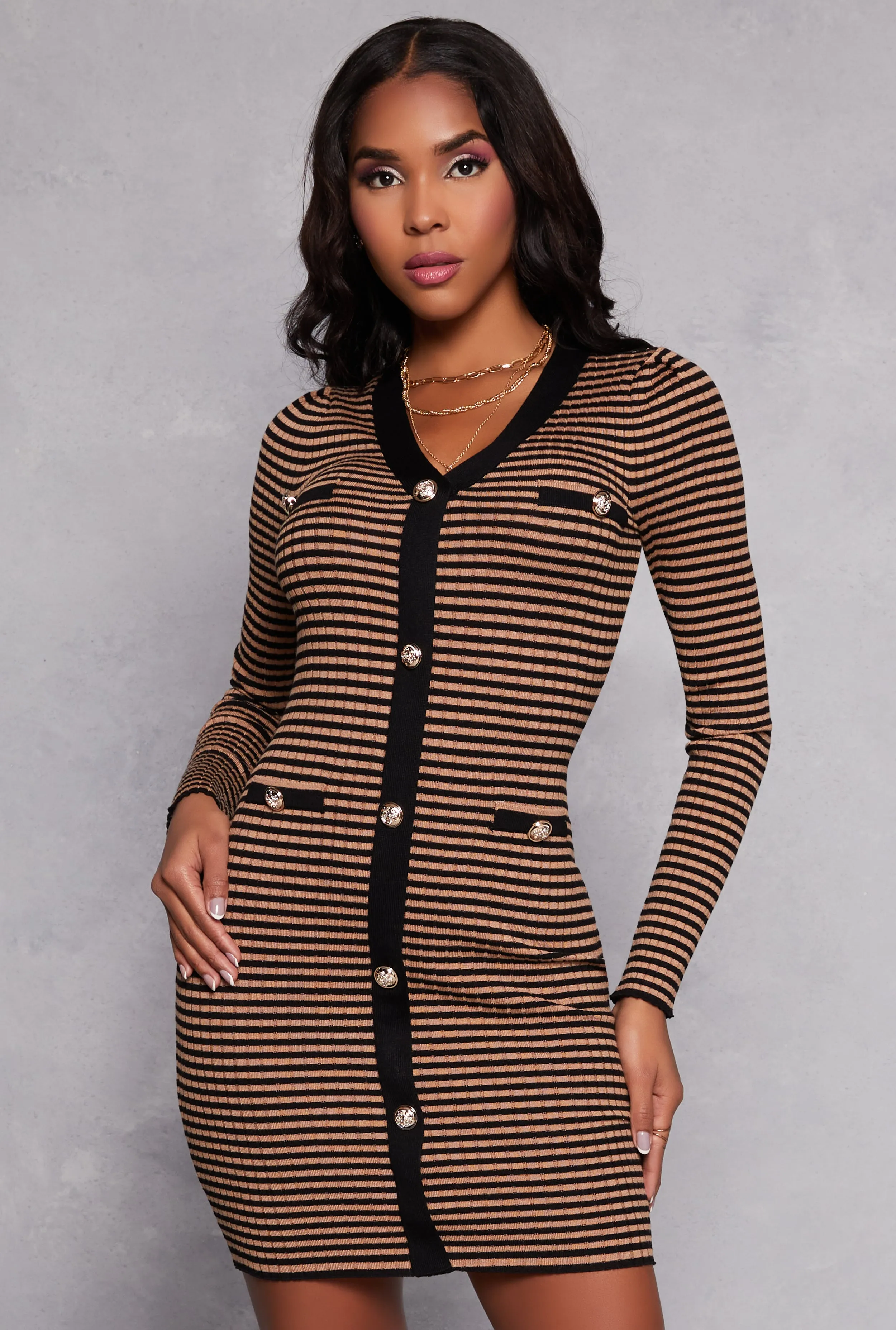 Striped Ribbed Knit Button Detail Dress sold by Rainbow