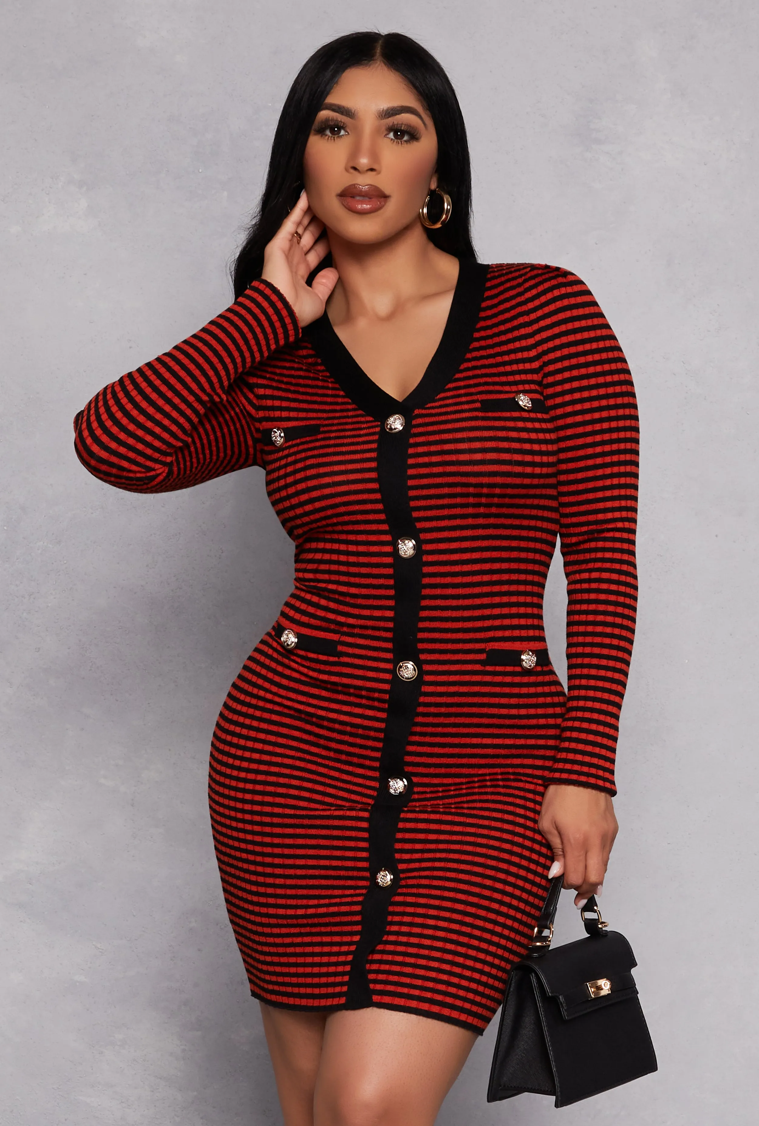 Striped Ribbed Knit Button Detail Dress sold by Rainbow