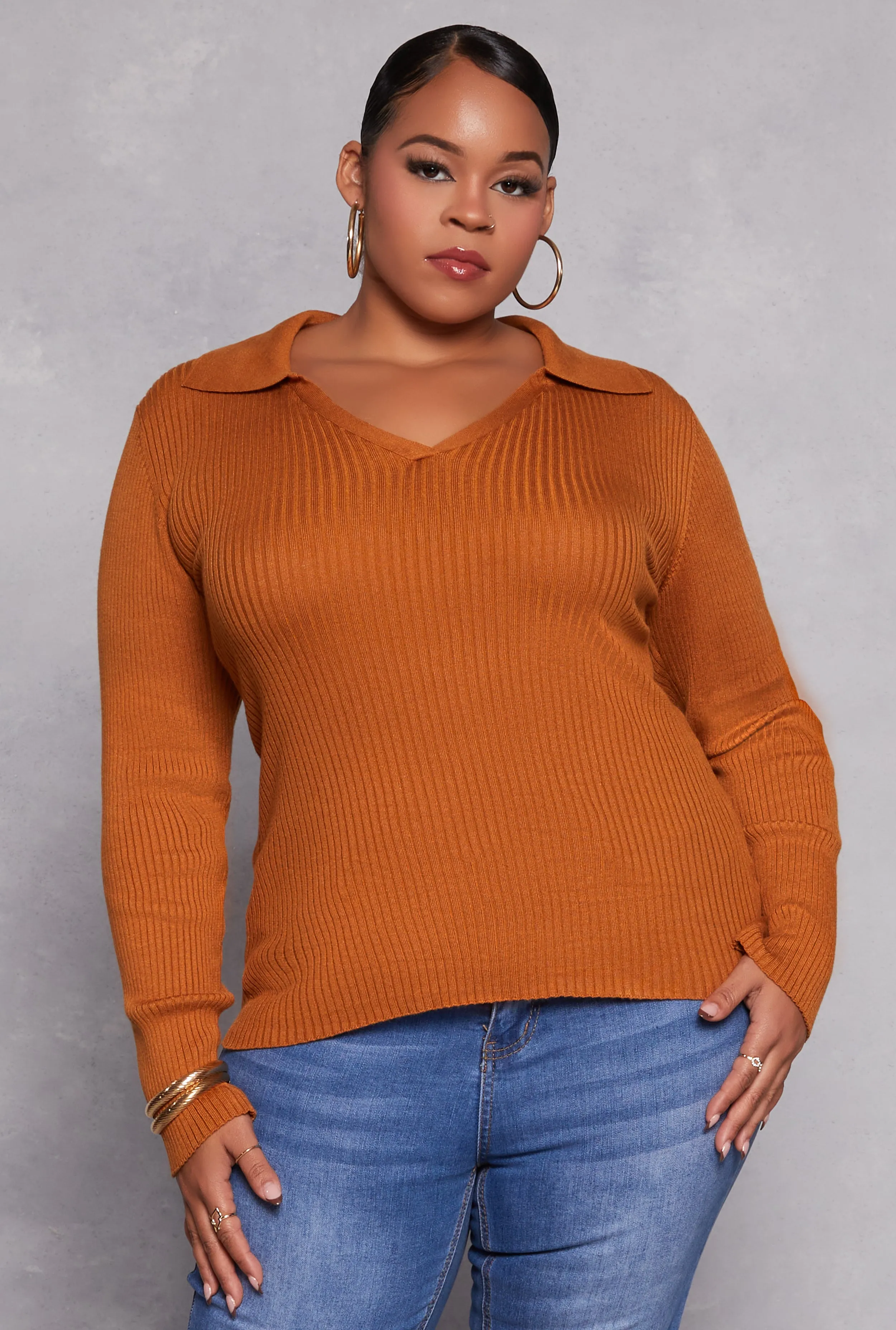 Plus Size Johnny Collar Long Sleeve Sweater sold by Rainbow