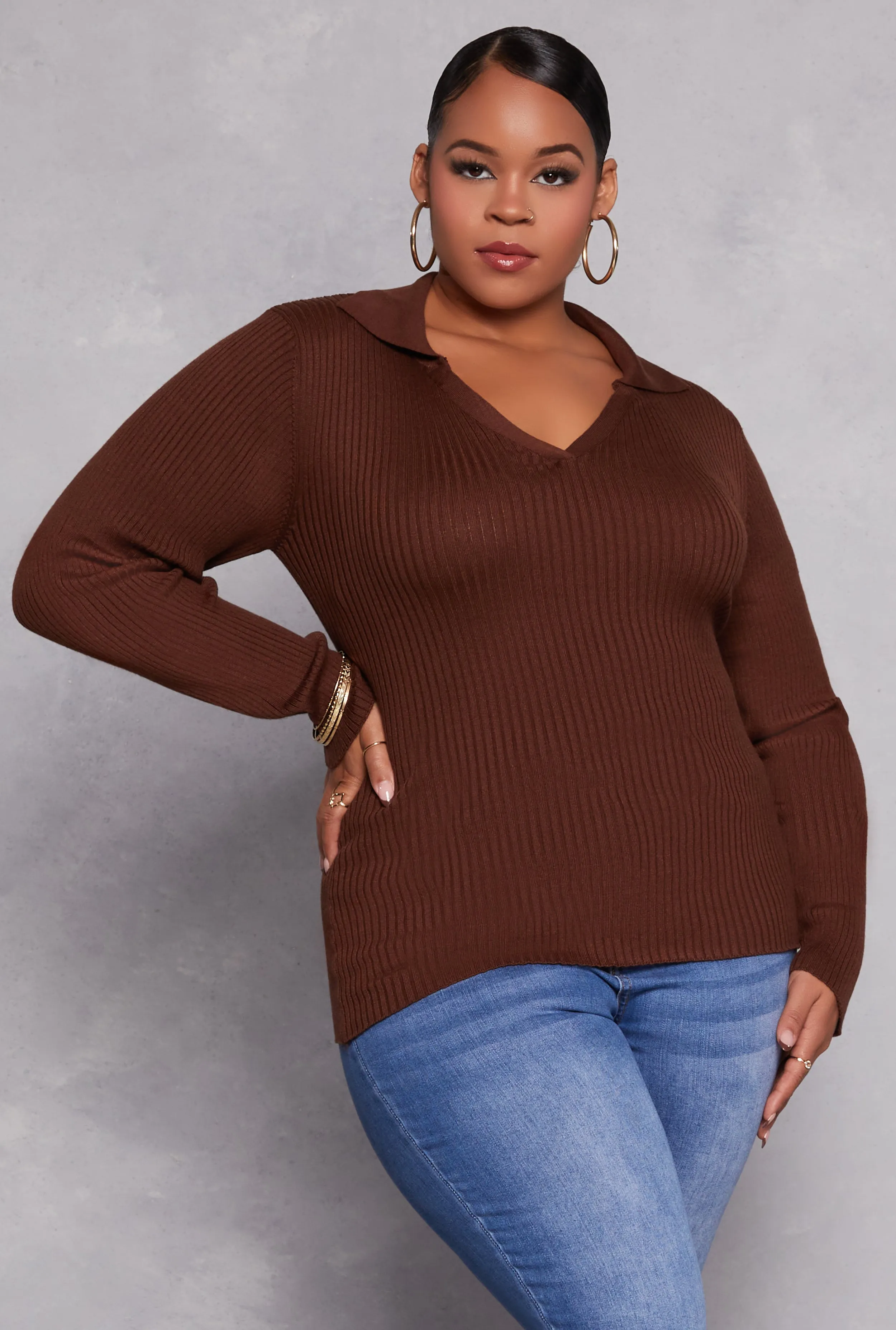 Plus Size Johnny Collar Long Sleeve Sweater sold by Rainbow