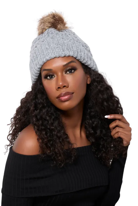 Faux Fur Pom Pom Knit Beanie sold by Rainbow
