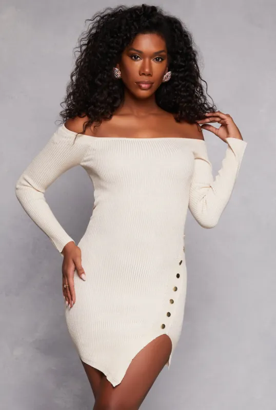 Faux Button Detail Off the Shoulder Dress sold by Rainbow