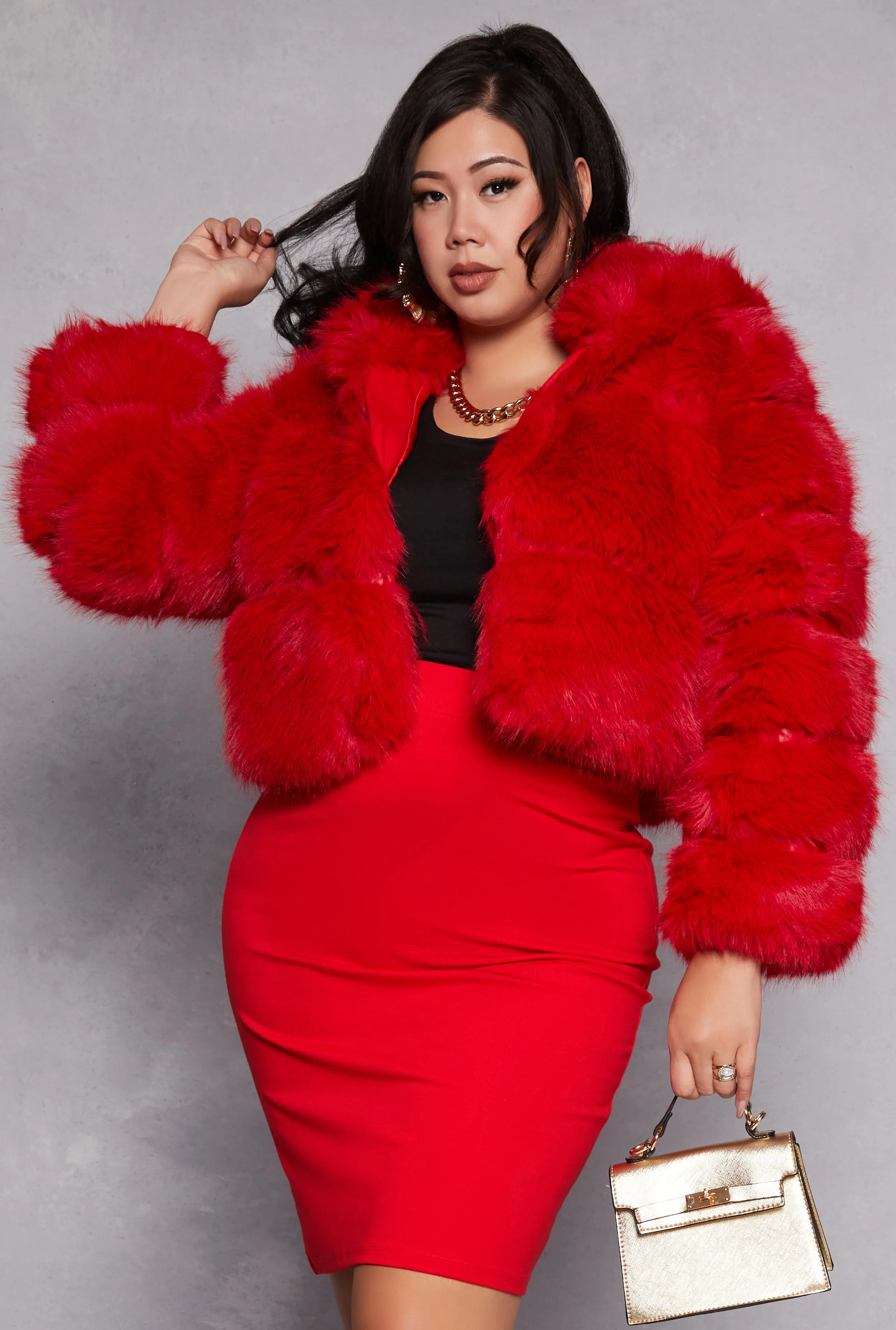 Plus Size Faux Fur Hooded Cropped Jacket sold by Rainbow