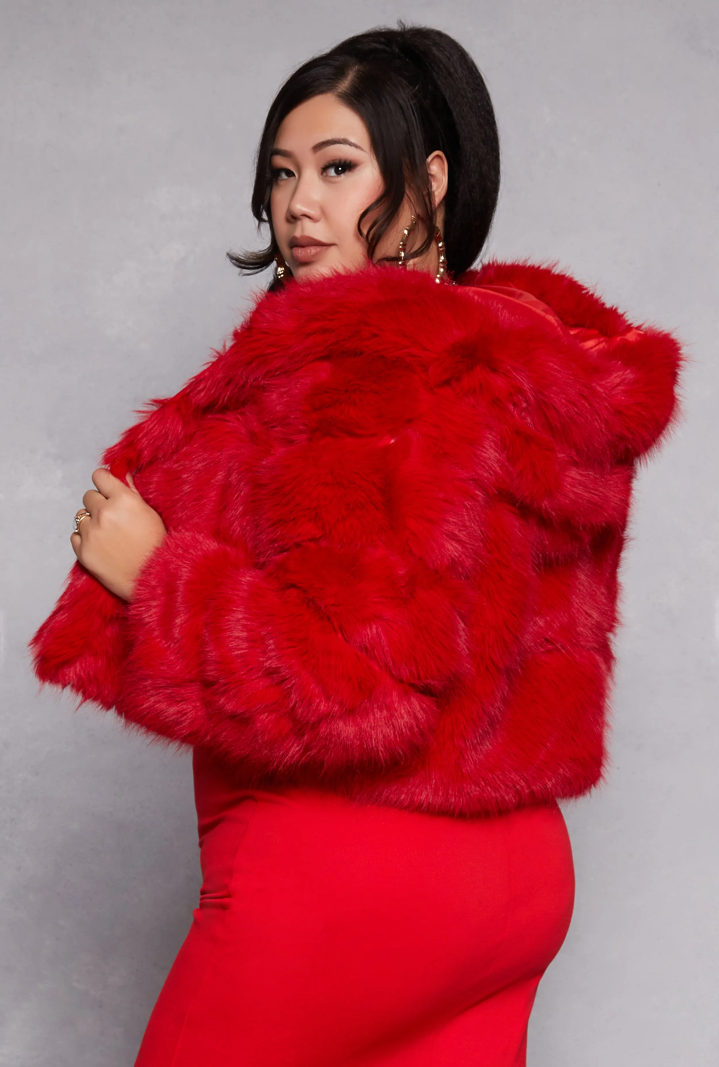 Plus Size Faux Fur Hooded Cropped Jacket sold by Rainbow product image thumbnail 3