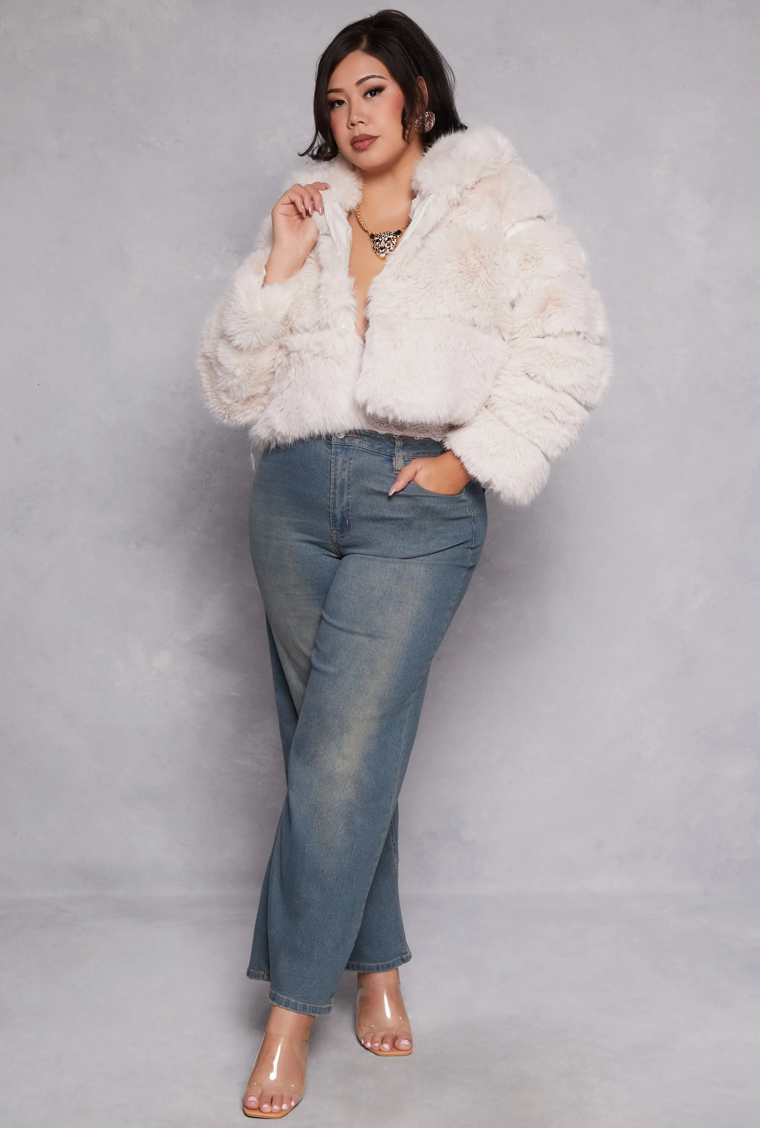 Plus Size Faux Fur Hooded Cropped Jacket sold by Rainbow product image thumbnail 2