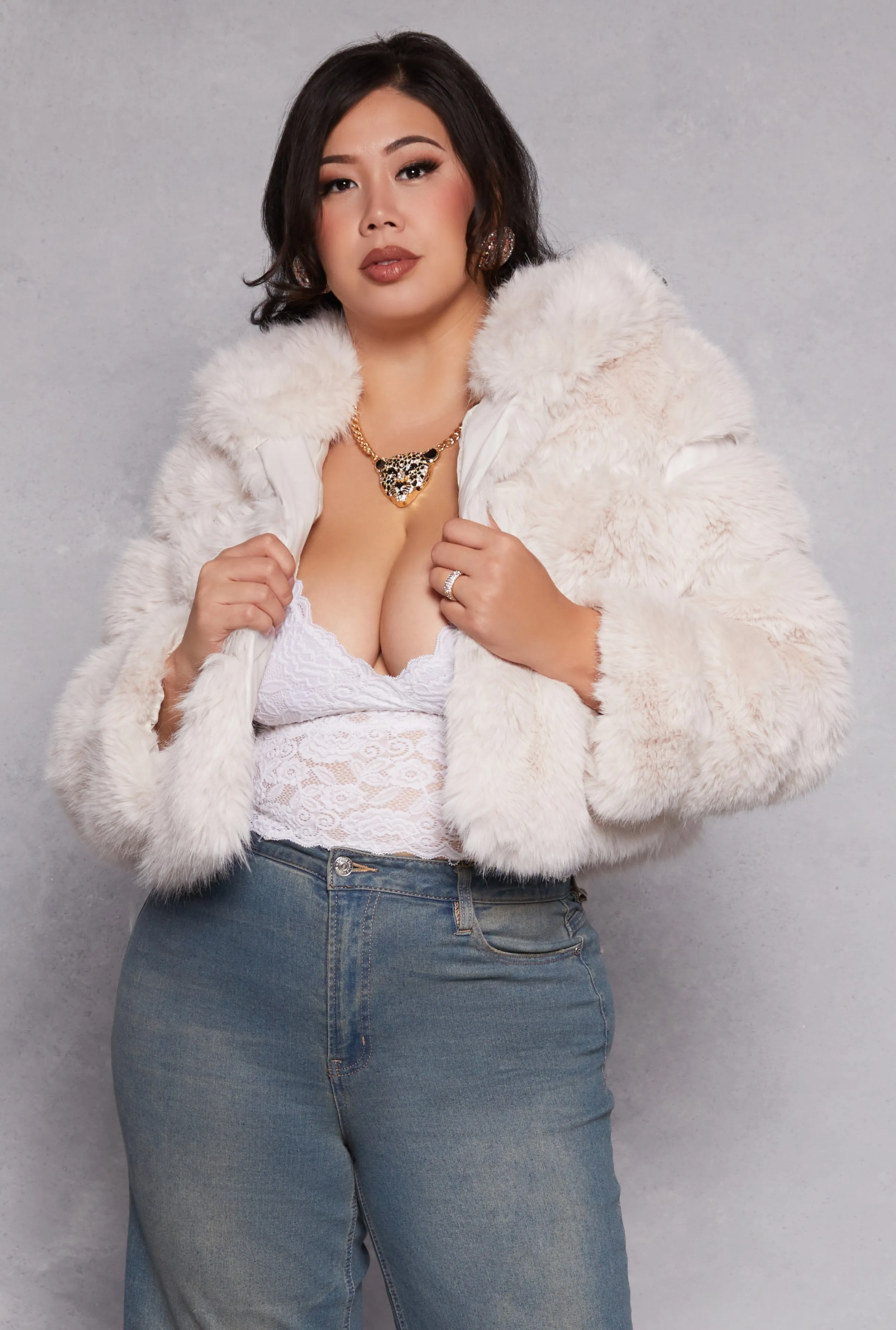 Plus Size Faux Fur Hooded Cropped Jacket sold by Rainbow