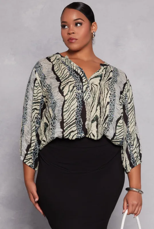 Plus Size Animal Print Long Sleeve Blouse sold by Rainbow