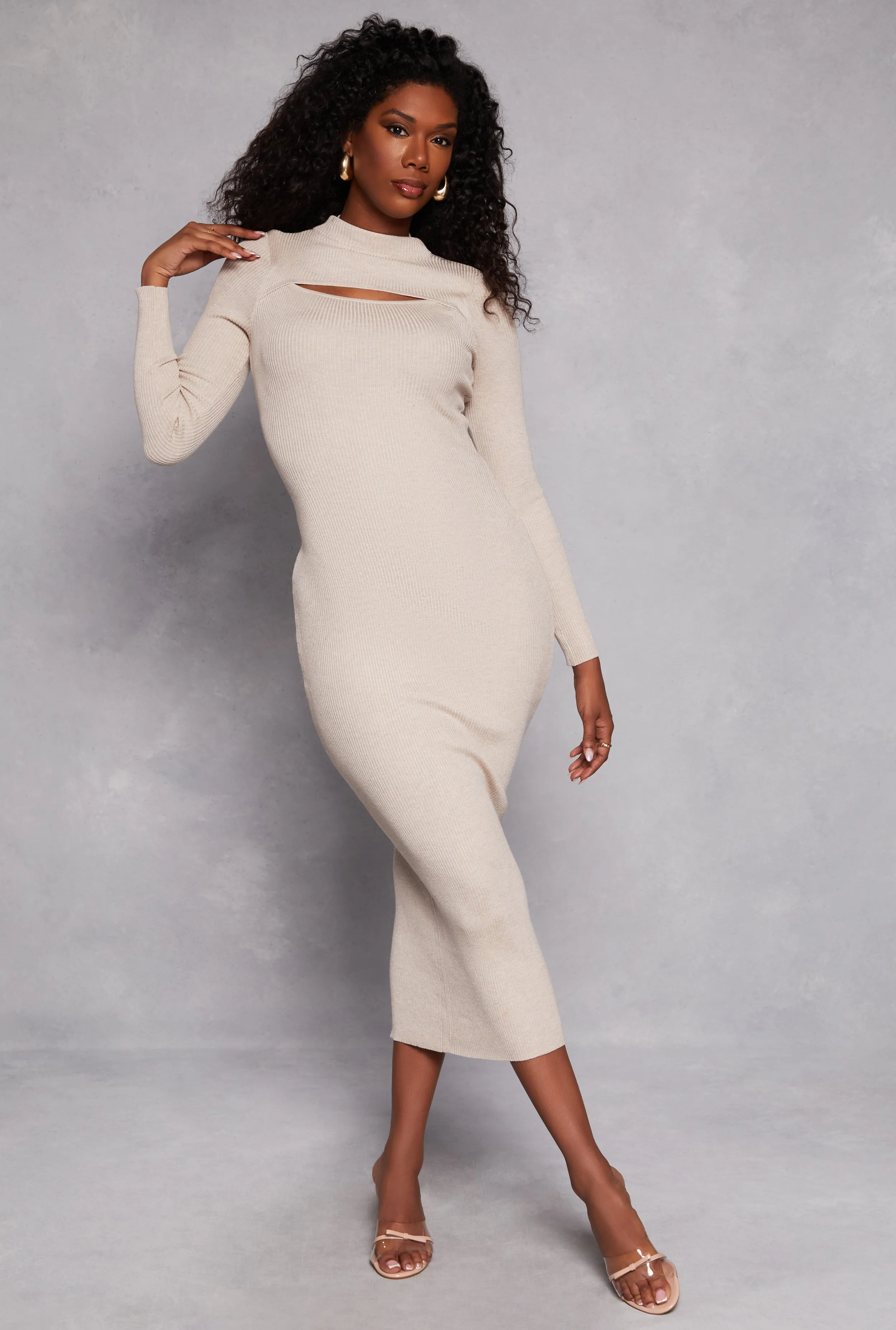 Ribbed Knit Cut Out Long Sleeve Maxi Dress sold by Rainbow