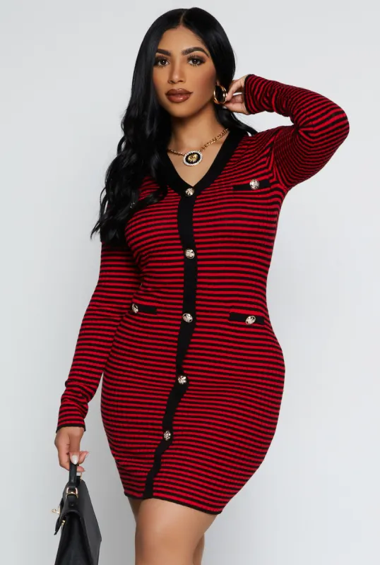 Striped Ribbed Knit Button Detail Dress sold by Rainbow