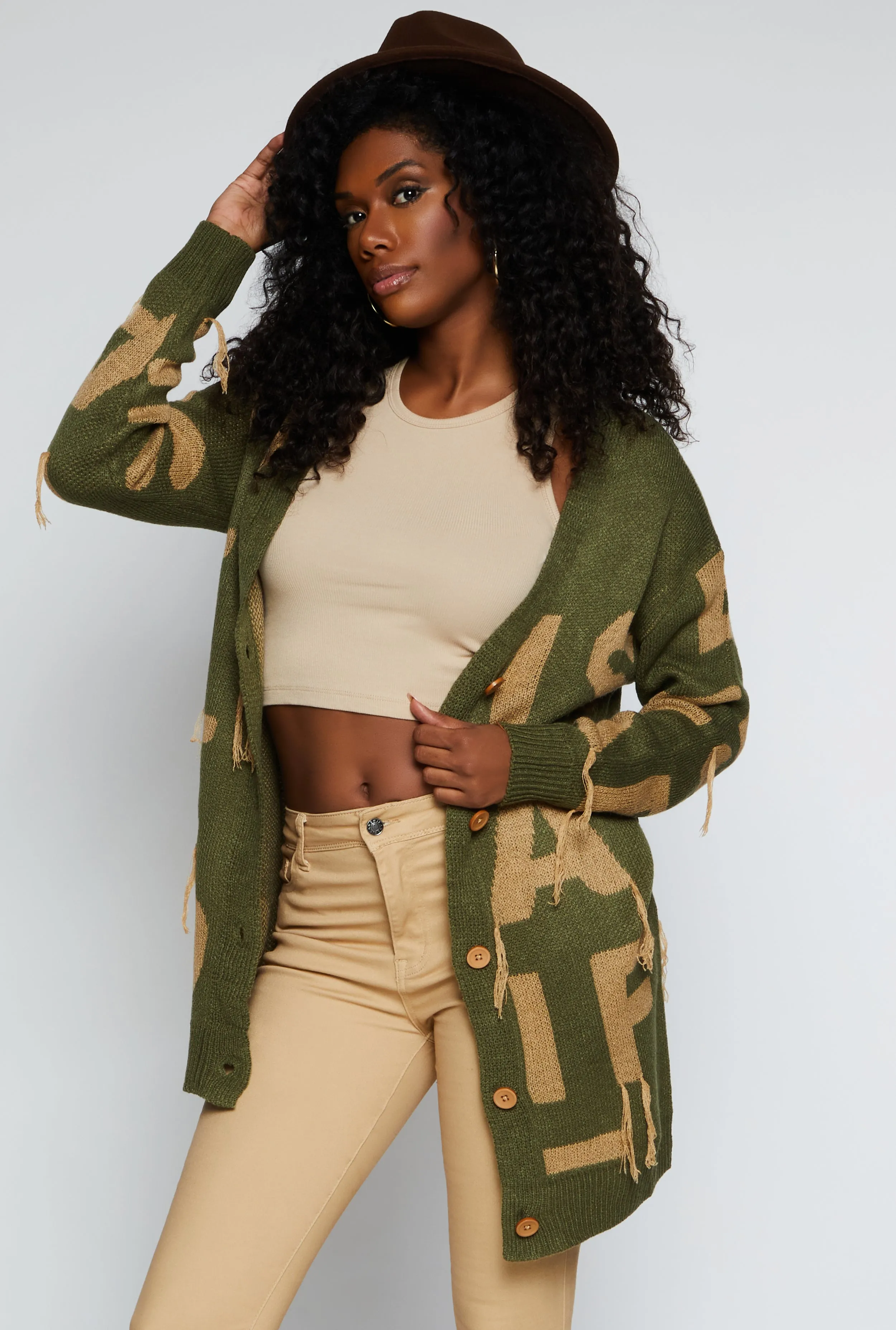 Alphabet Fringe Detail Button Front Cardigan sold by Rainbow