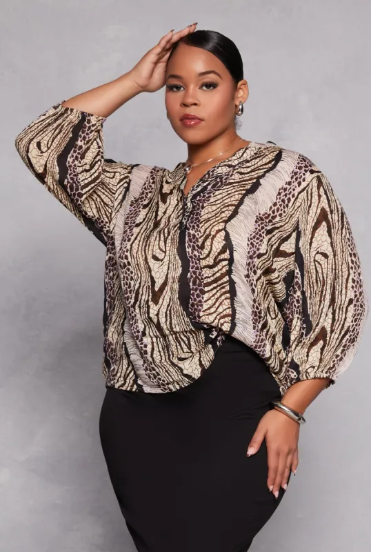 Plus Size Animal Print Long Sleeve Blouse sold by Rainbow