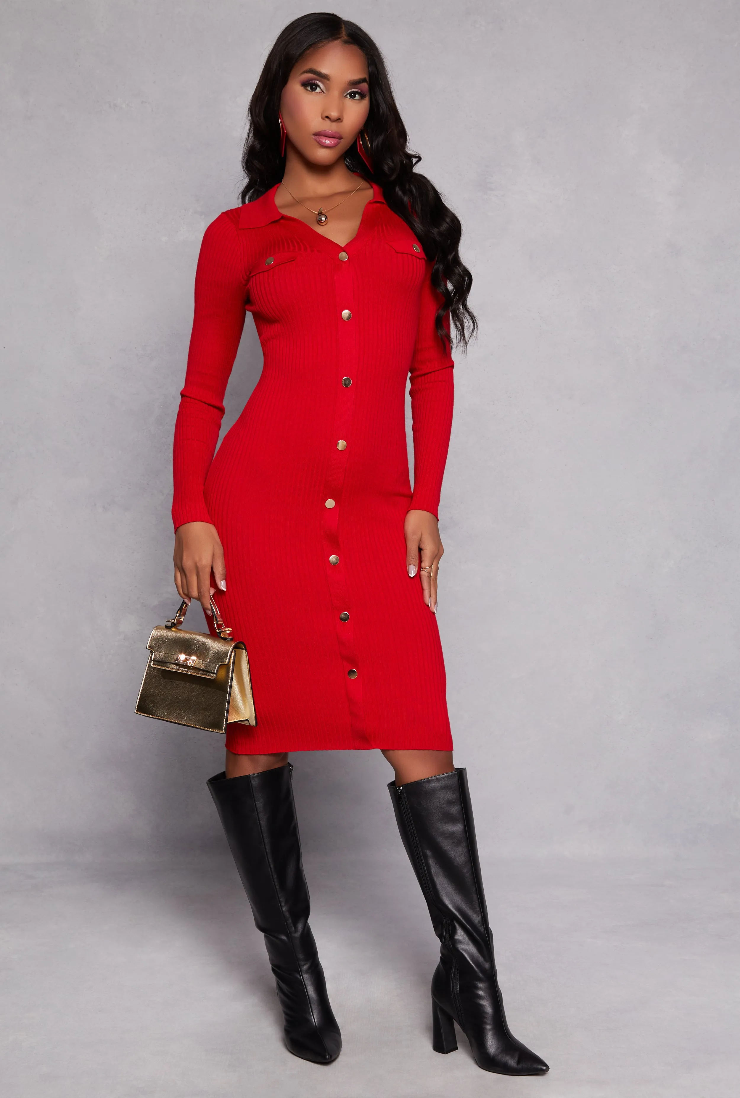 Ribbed Knit Button Detail Sweater Dress sold by Rainbow