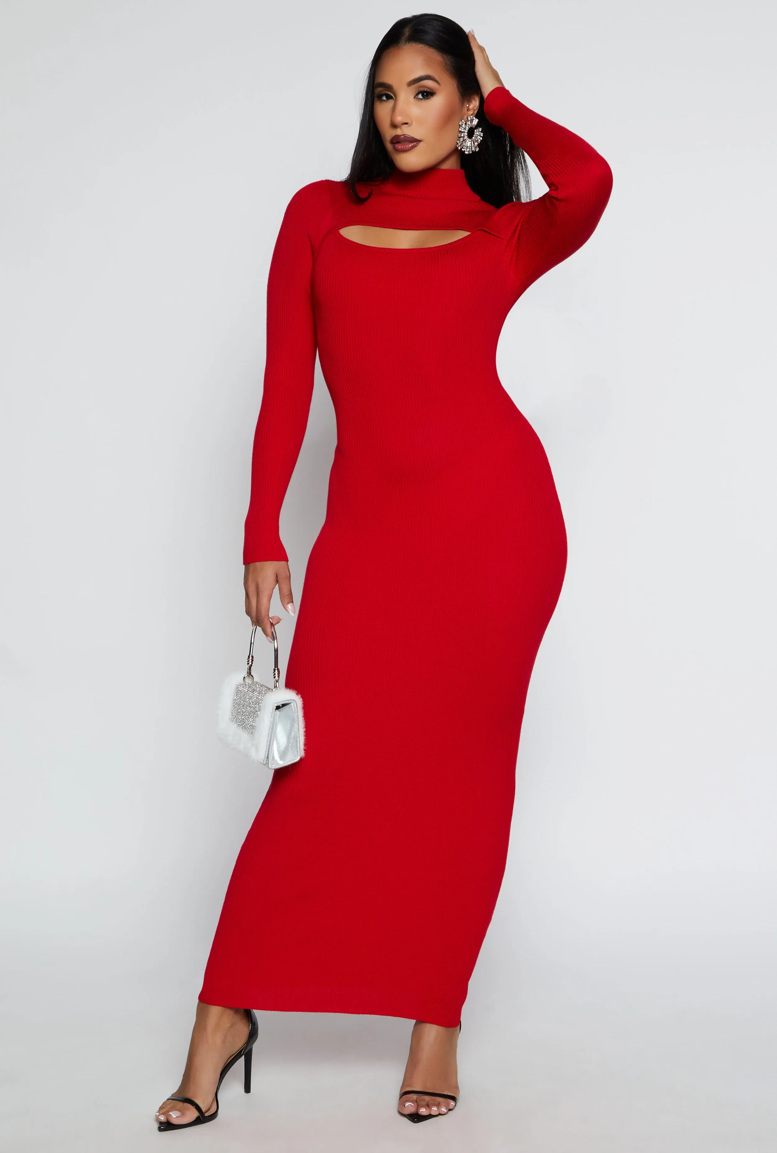Ribbed Knit Cut Out Long Sleeve Maxi Dress sold by Rainbow