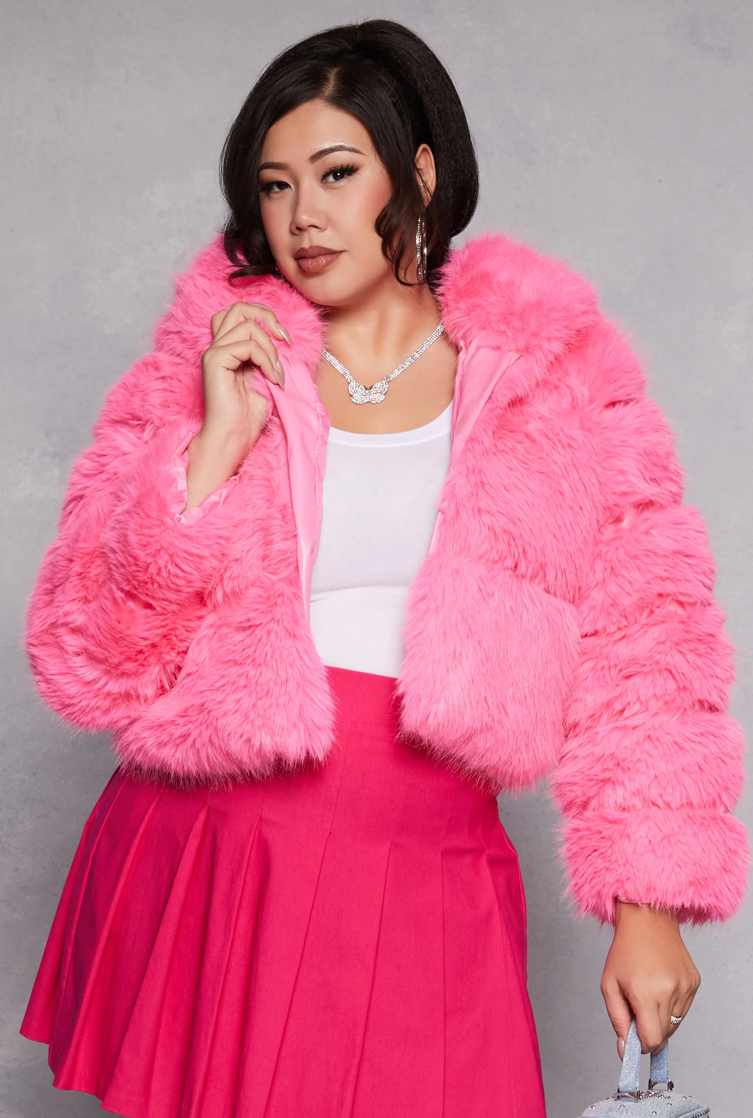 Plus Size Faux Fur Hooded Cropped Jacket sold by Rainbow