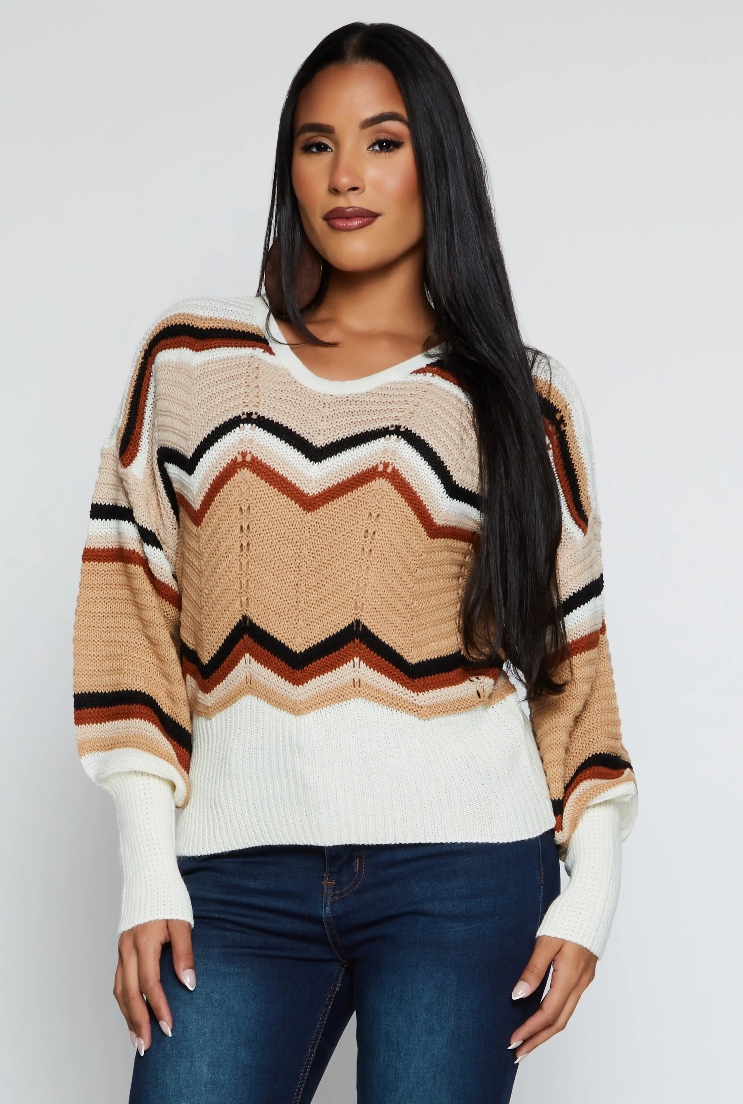 Chevron Pointelle Caged V Back Sweater sold by Rainbow