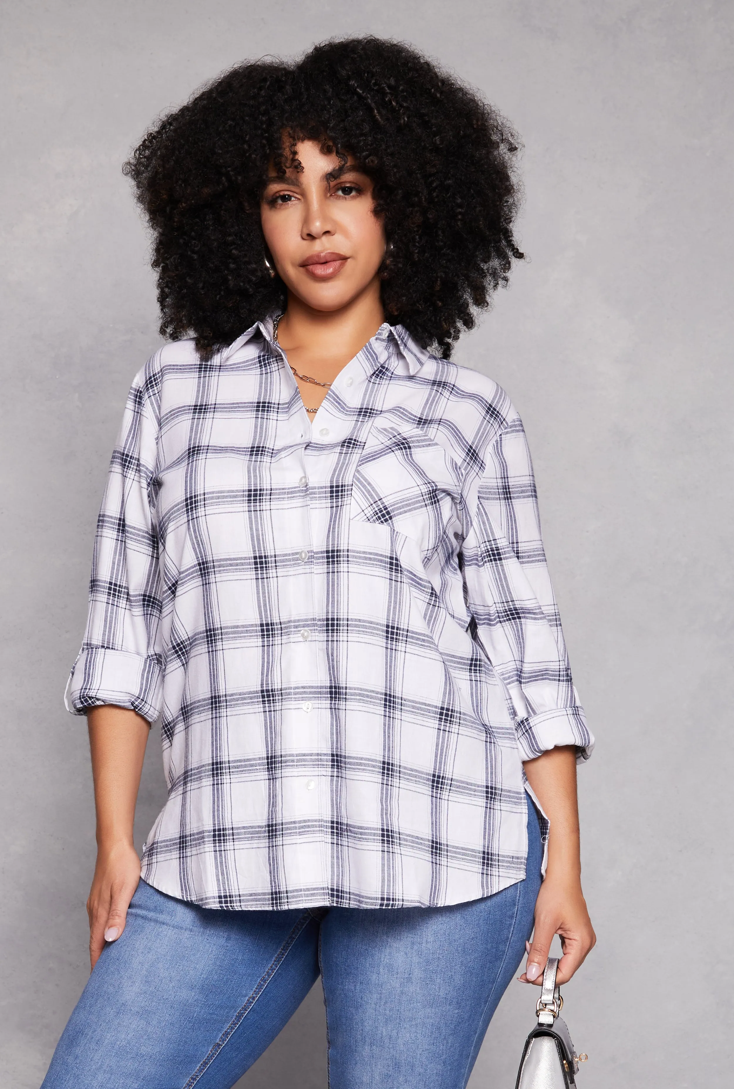 Plus Size Lurex Plaid Tabbed Sleeve Shirt sold by Rainbow