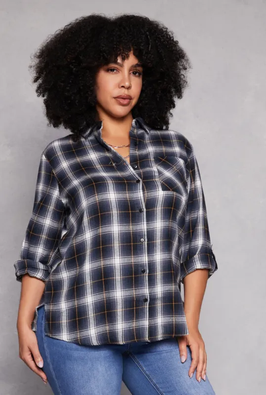 Plus Size Lurex Plaid Tabbed Sleeve Shirt sold by Rainbow