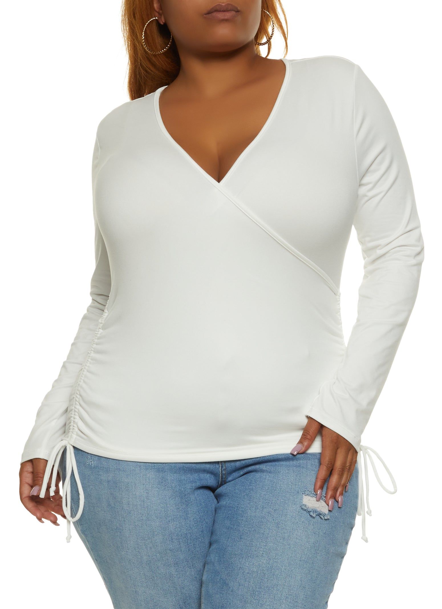 Plus Size Faux Wrap Ruched Side Top sold by Rainbow