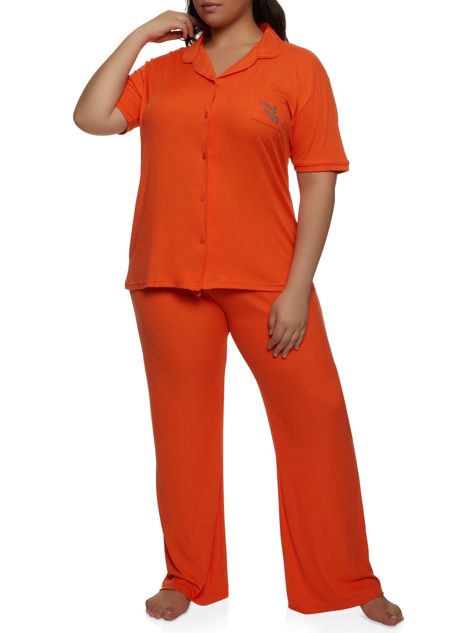 Plus Size Currently Napping Graphic Pocket Pajama Shirt and Pants sold by Rainbow