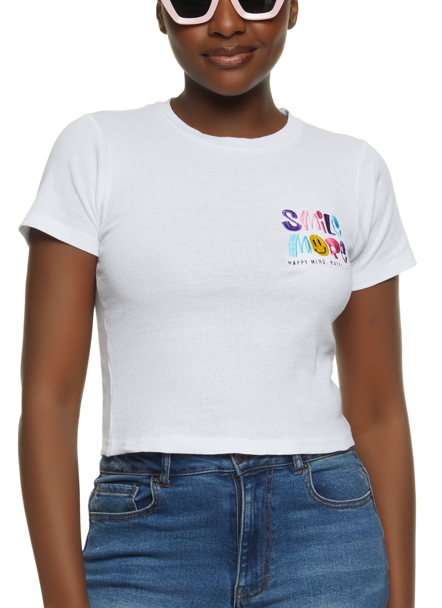 Smile More Embroidered Graphic Tee sold by Rainbow