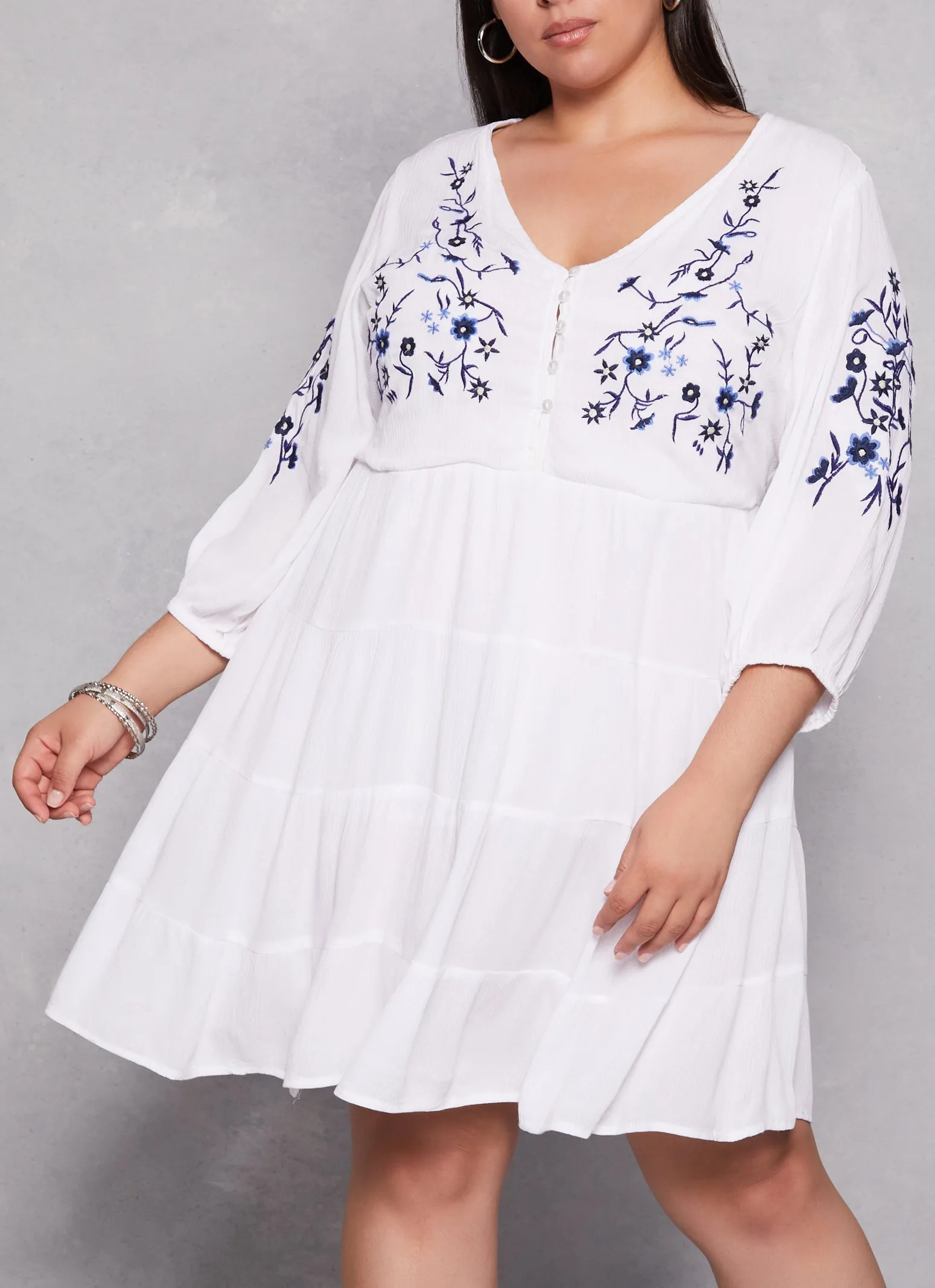 Plus Size Floral Embroidered Tiered Mini Dress sold by Rainbow