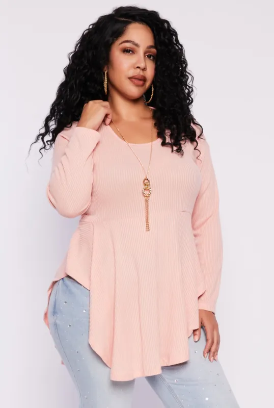 Plus Size Ribbed Knit Peplum Top with Necklace sold by Rainbow