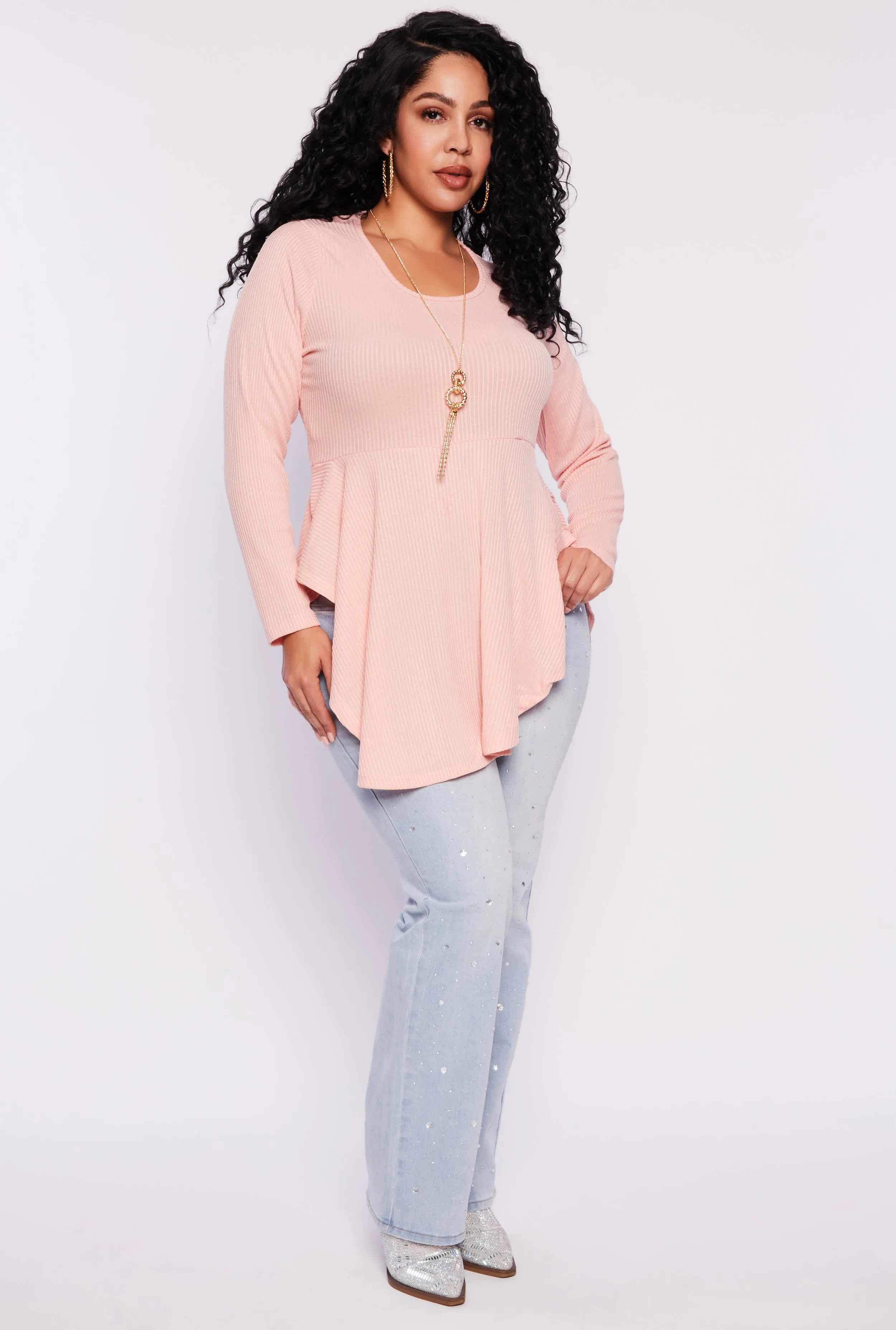 Plus Size Ribbed Knit Peplum Top with Necklace sold by Rainbow product image thumbnail 2
