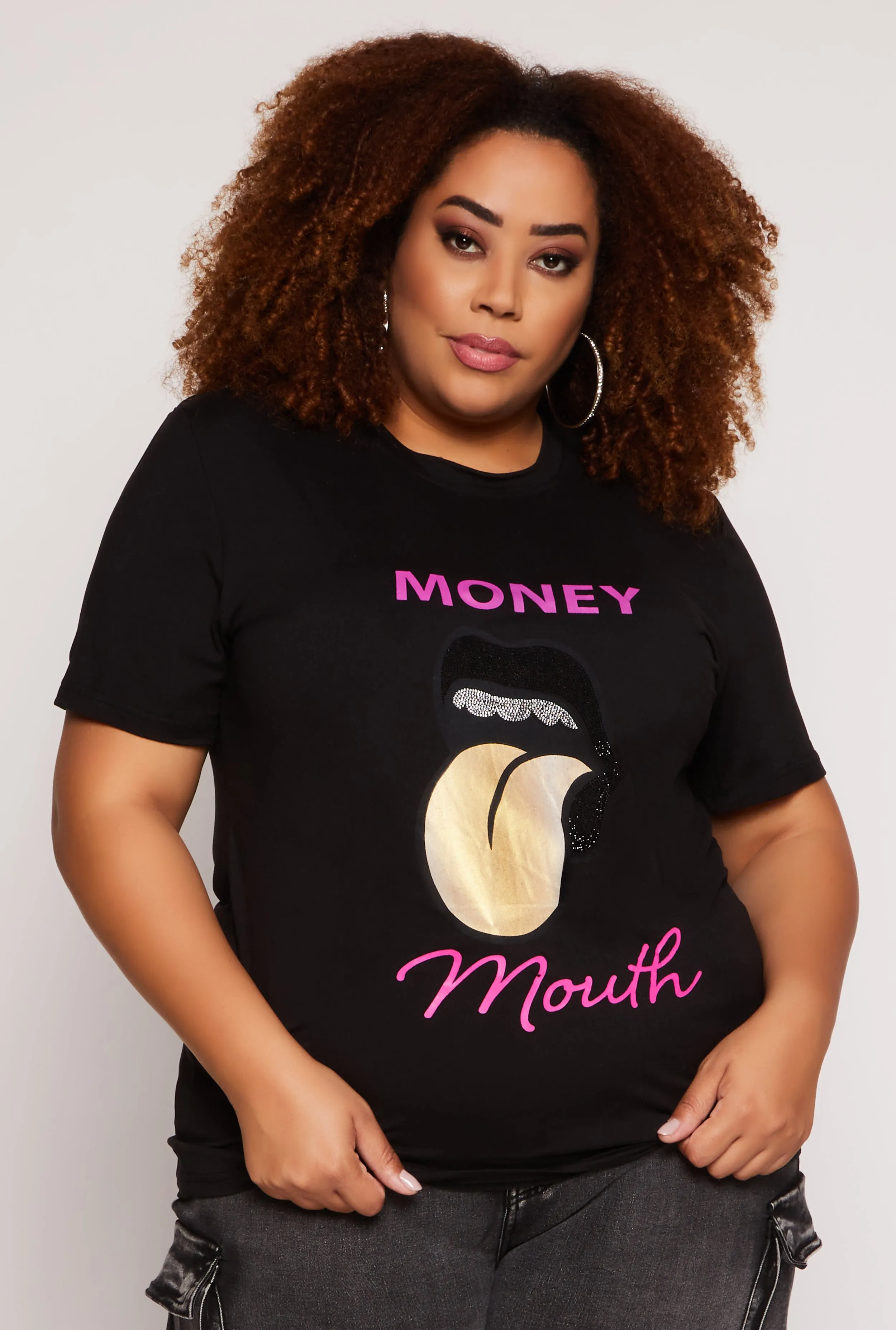 Plus Size Rhinestone Money Mouth Graphic Tee sold by Rainbow