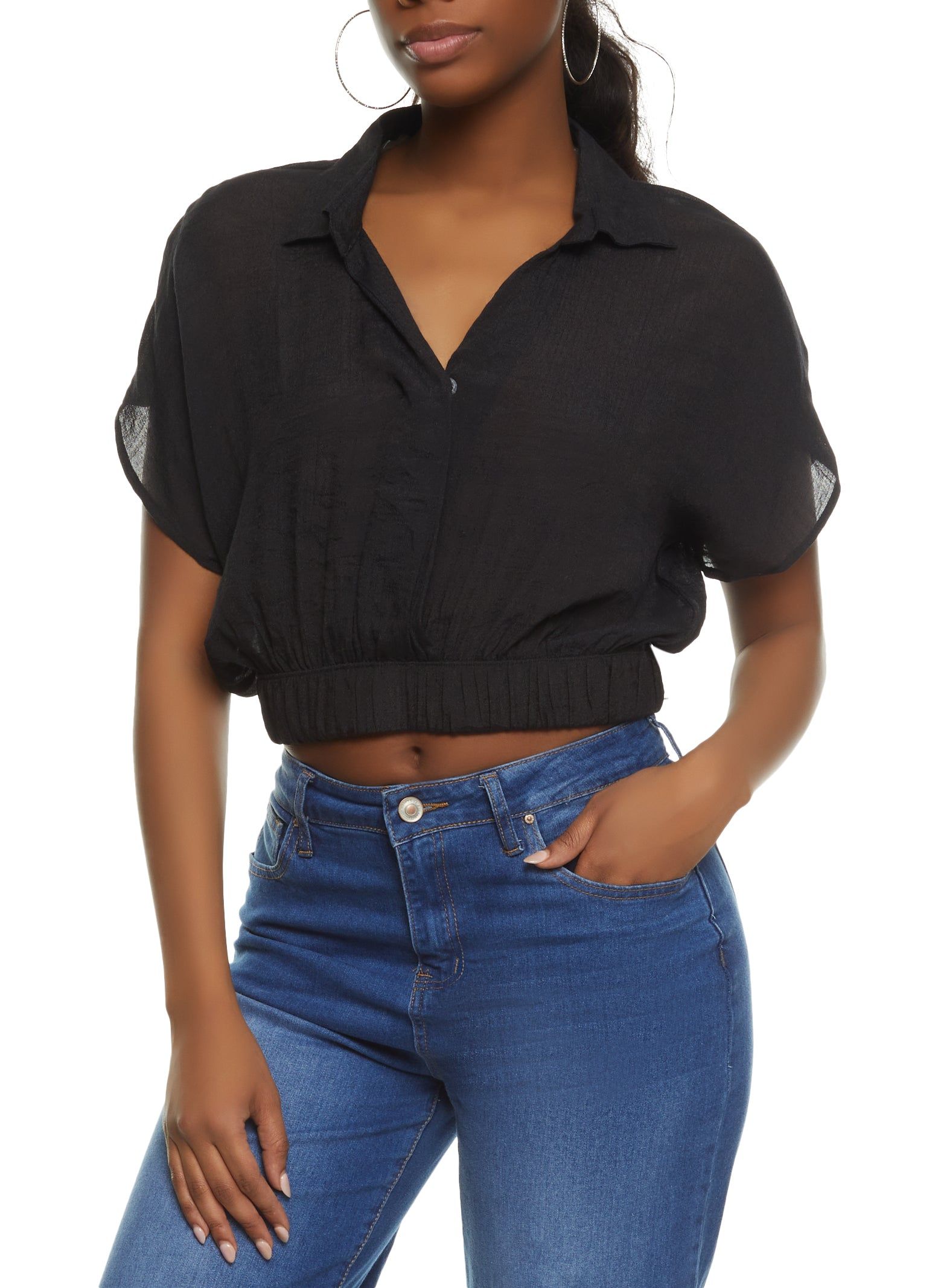 Elastic Waistband Cropped Shirt sold by Rainbow