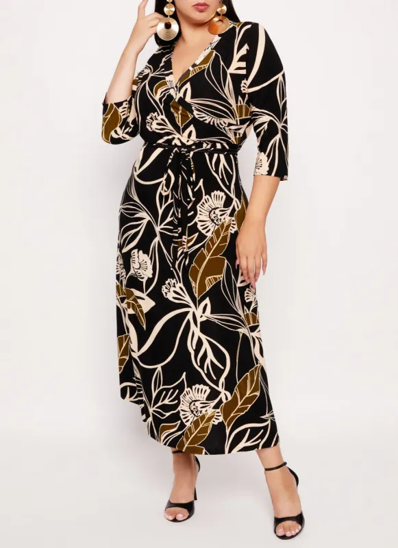 Plus Size Printed Tie Waist Belted Faux Wrap Dress sold by Rainbow