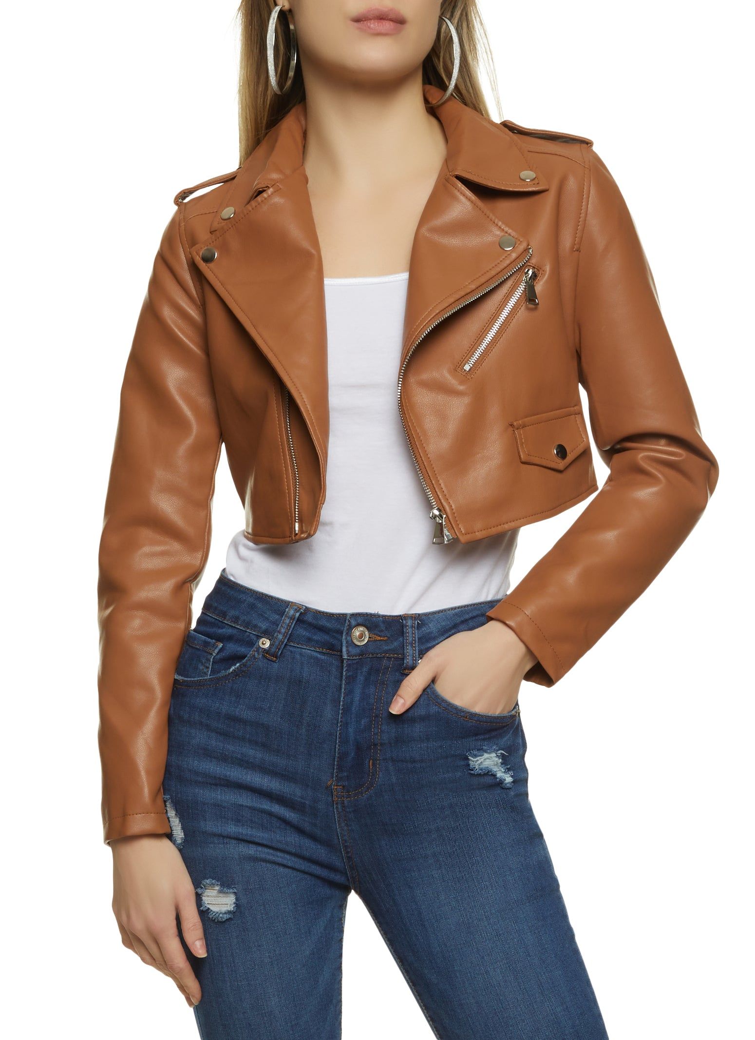 Faux Leather Zip Cropped Moto Jacket sold by Rainbow