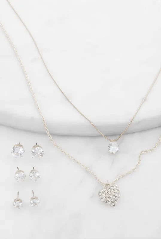 Cubic Zirconia Layered Necklace with Stud Earrings Trio sold by Rainbow