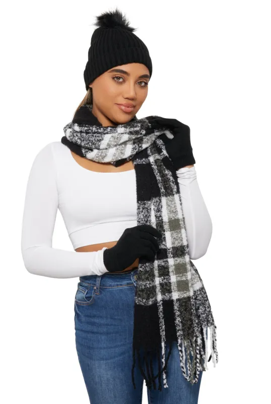 Plaid Boucle Scarf with Pom Pom Beanie and Gloves sold by Rainbow