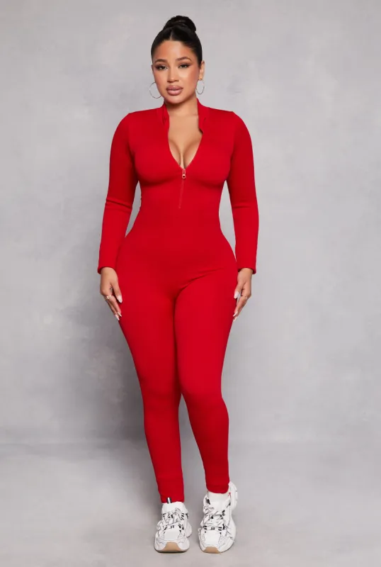 Ribbed Knit Half Zip Long Sleeve Catsuit sold by Rainbow