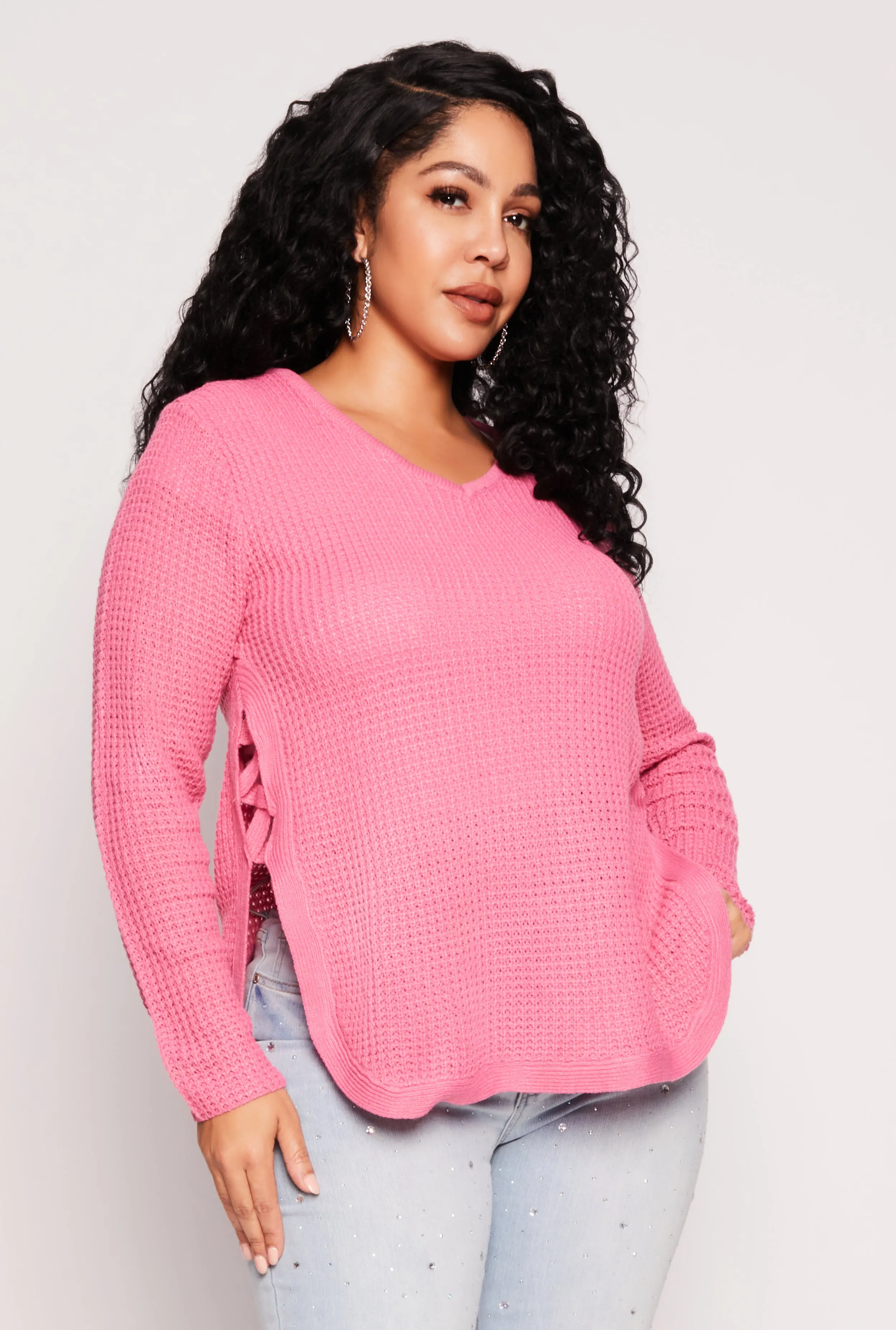 Plus Size Waffle Knit Caged Side Sweater sold by Rainbow