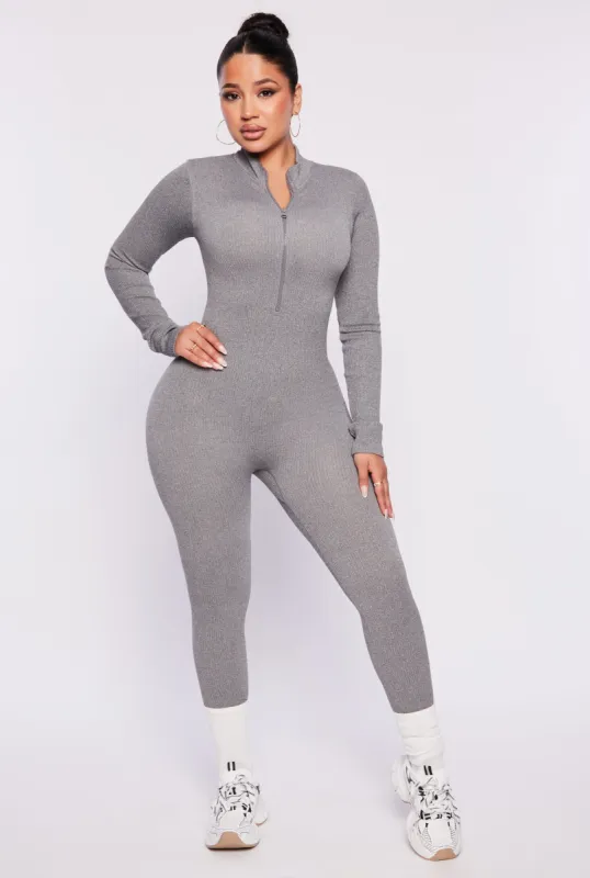 Ribbed Knit Half Zip Long Sleeve Catsuit sold by Rainbow