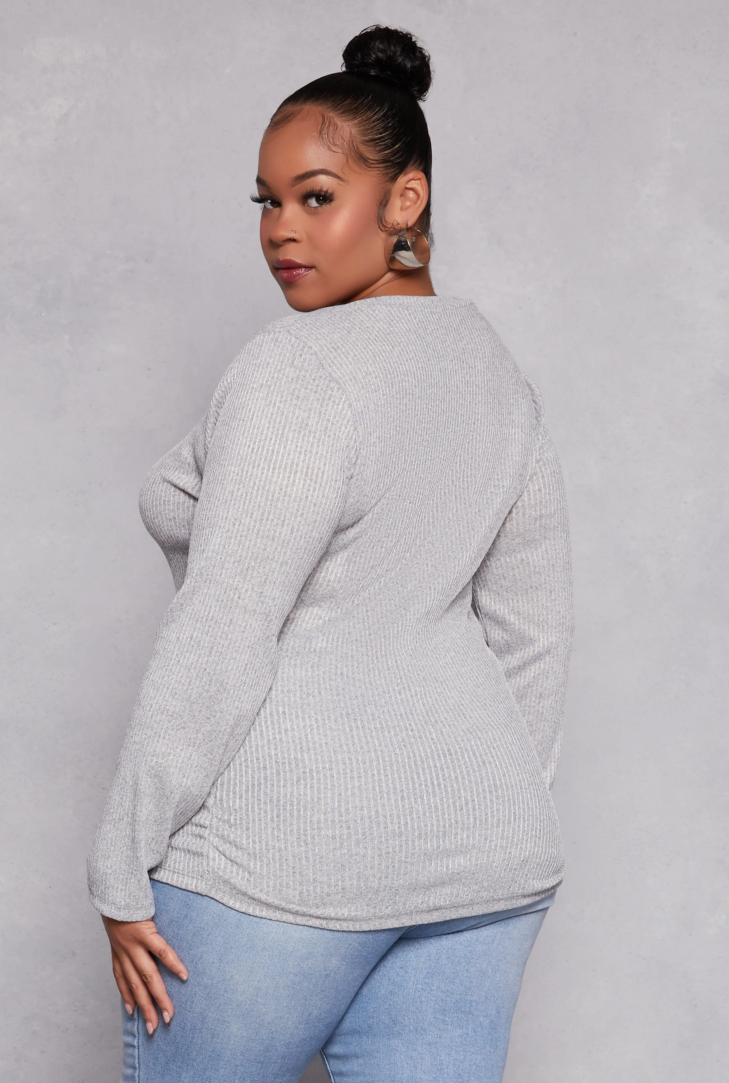 Plus Size Rib Knit Ruched Side V Neck Top sold by Rainbow product image thumbnail 3